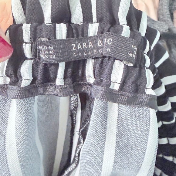 Zara Black White Stripe Wide Leg Culotte Pants Paperbag Waist Tie Belt M - Picture 8 of 9